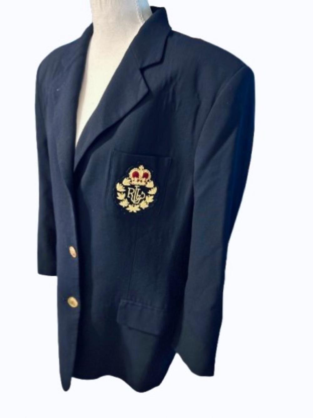 Vintage Wool RALPH LAUREN Navy Blue Blazer Crest Gold Buttons Designer Plus 16 - Picture 4 of 13